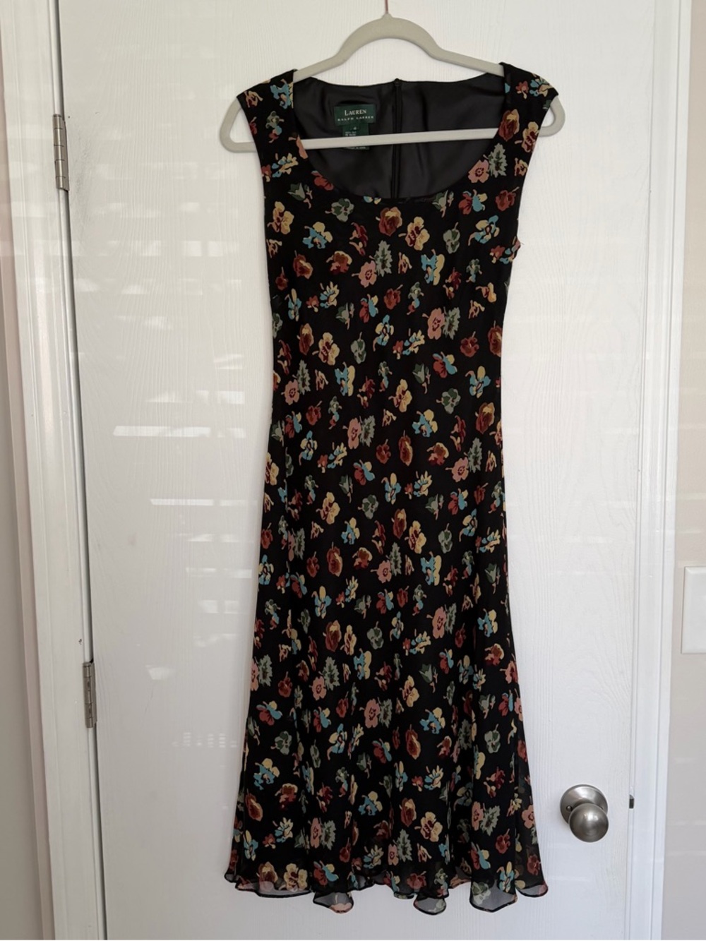 VTG Ralph Lauren 100% Silk Black Floral Cap-Sleeve Midi Dress